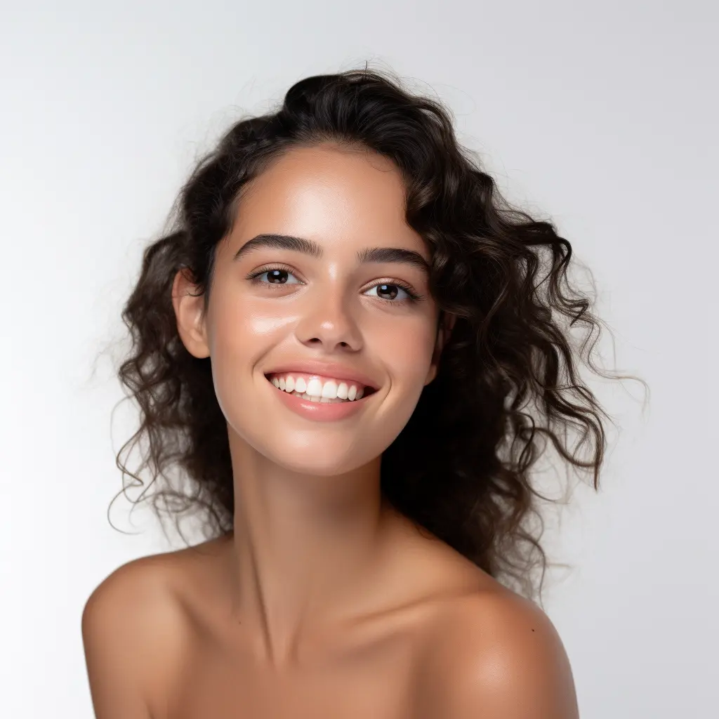 Femme souriante montrant sa peau lisse après épilation du visage.