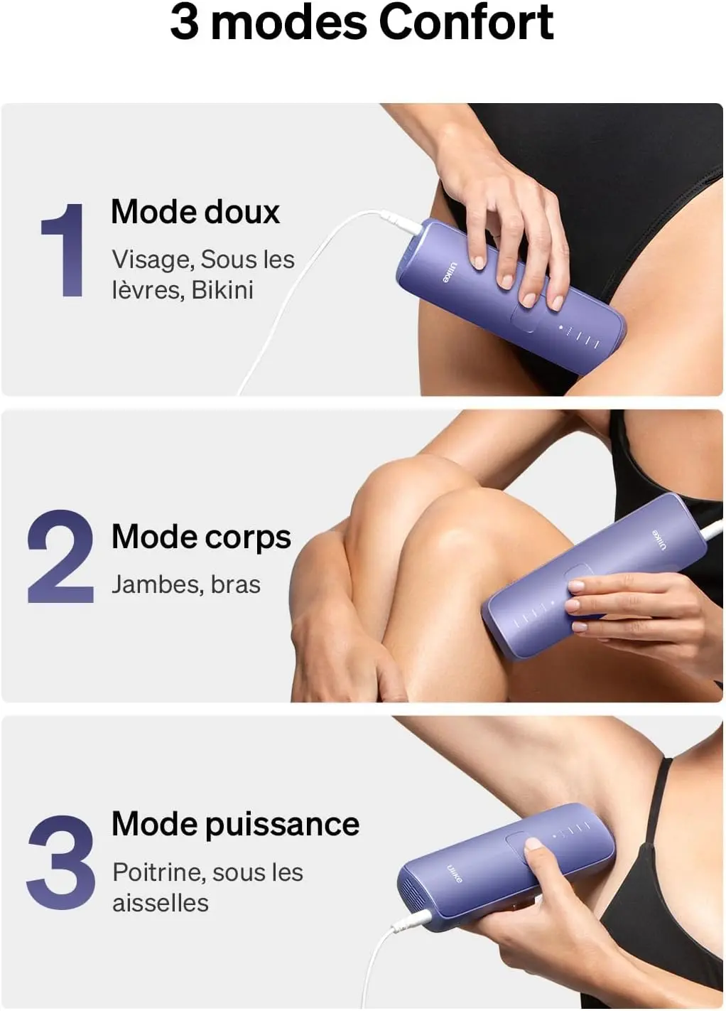 Mode confort de l'épilateur IPL Ulike pour une utilisation douce.